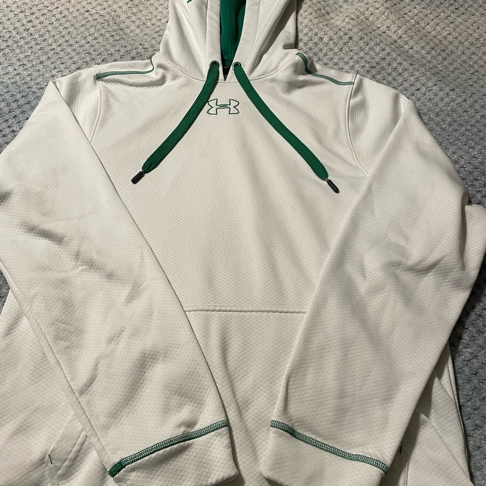 White and green UA hoodie in great shape with no stains or rips